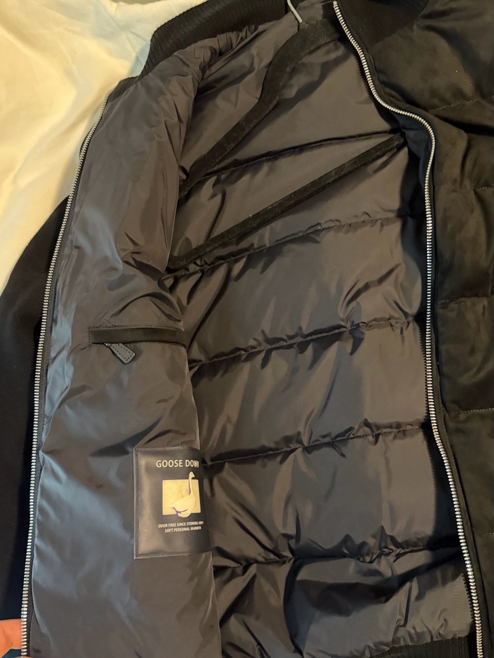 Suede Leather Black Quilted Puffer Jacket with Knit Sleeves and Goose Down - Picture 10 of 15